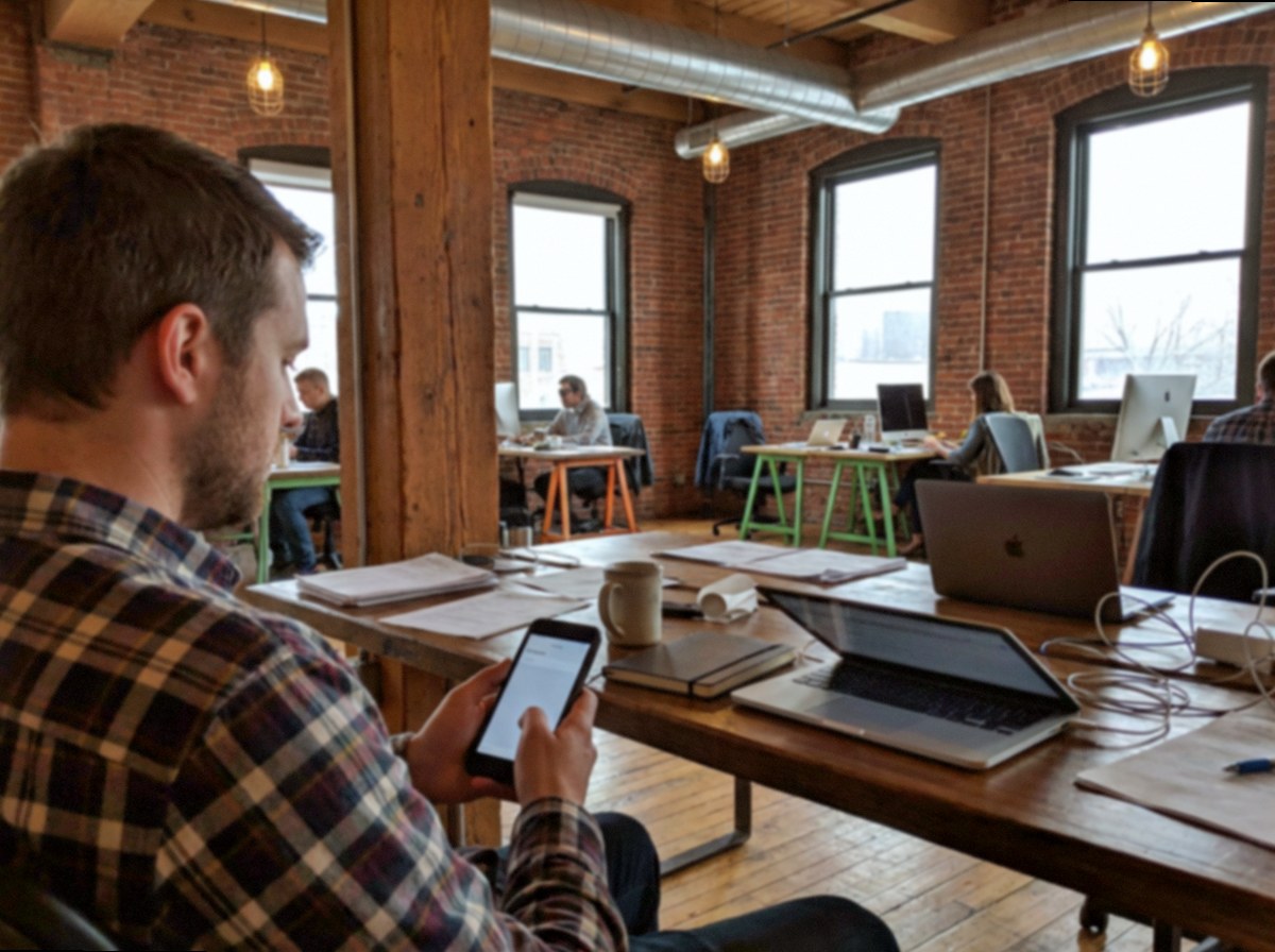 Typing a short email on a phone at a desk