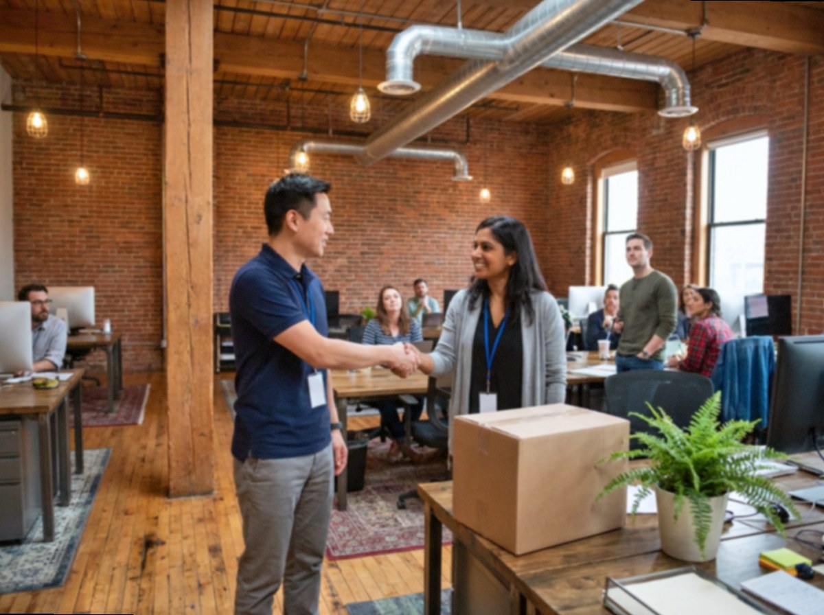 A new hire being welcomed on their first day