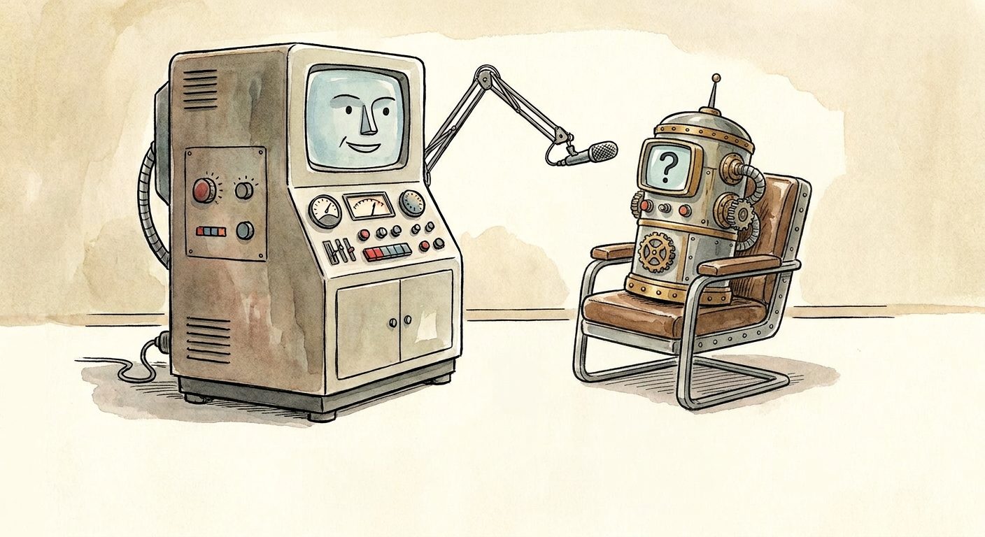 A vintage machine with a friendly human face on its screen interviews a boxy robot applicant whose screen shows a question mark, seated in an interview chair.