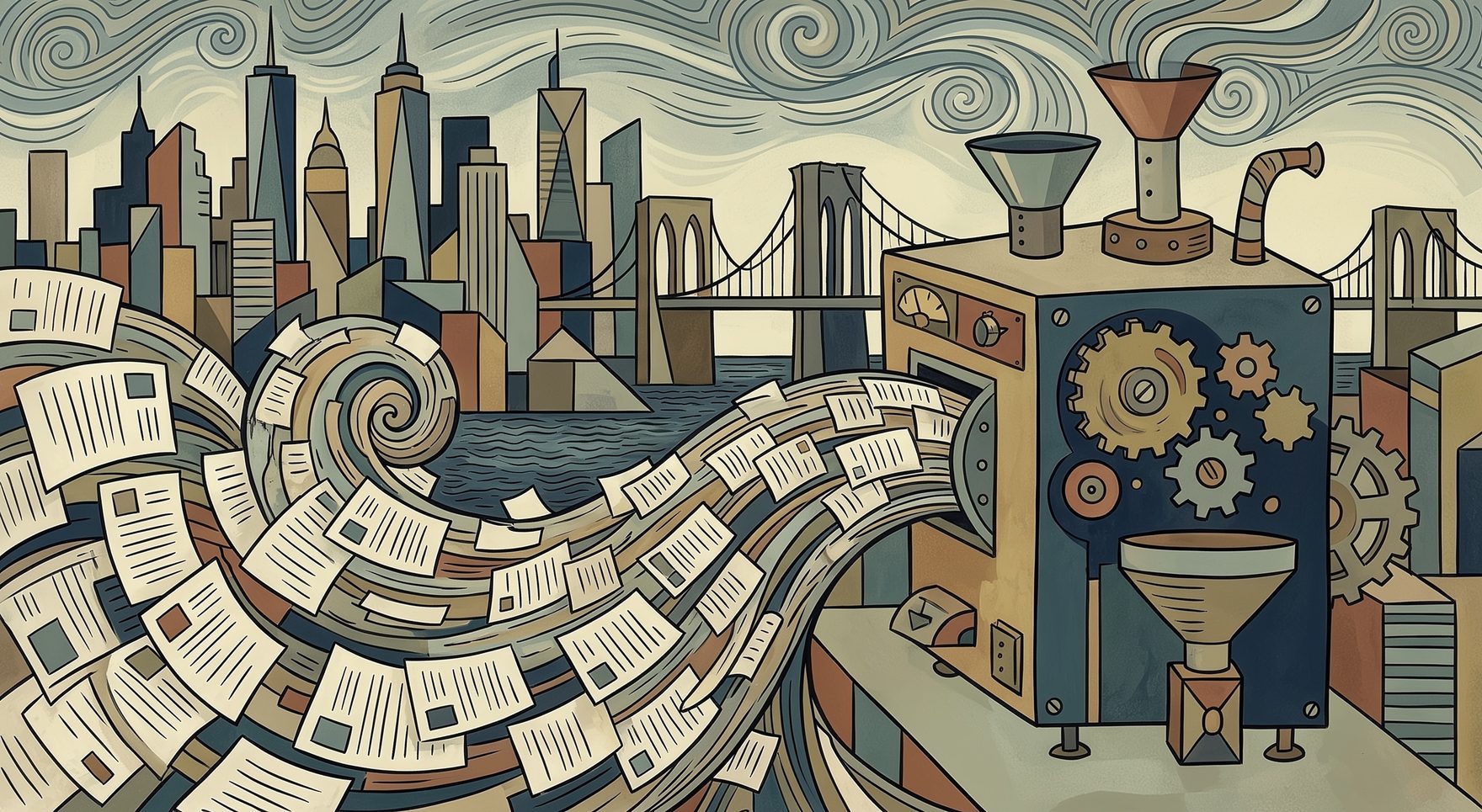 Illustration: a wave of résumés curling into the intake funnels of an automated hiring machine, city skyline behind.